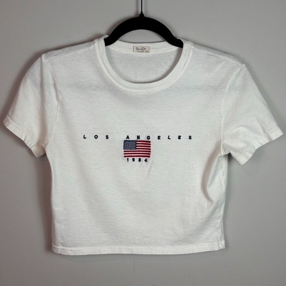 John Galt Los Angeles American Flag 1984 Cropped white T-Shirt Womens small Y2K